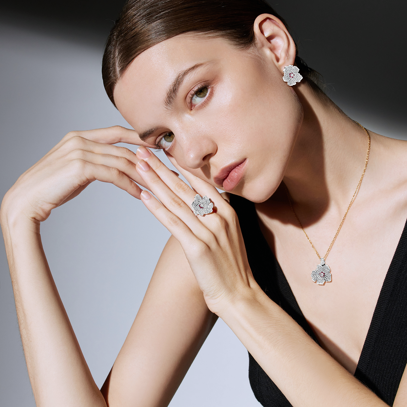 Earrings collection Almond Blossom, Diamond, Ruby, 18K White Gold | Photo 3