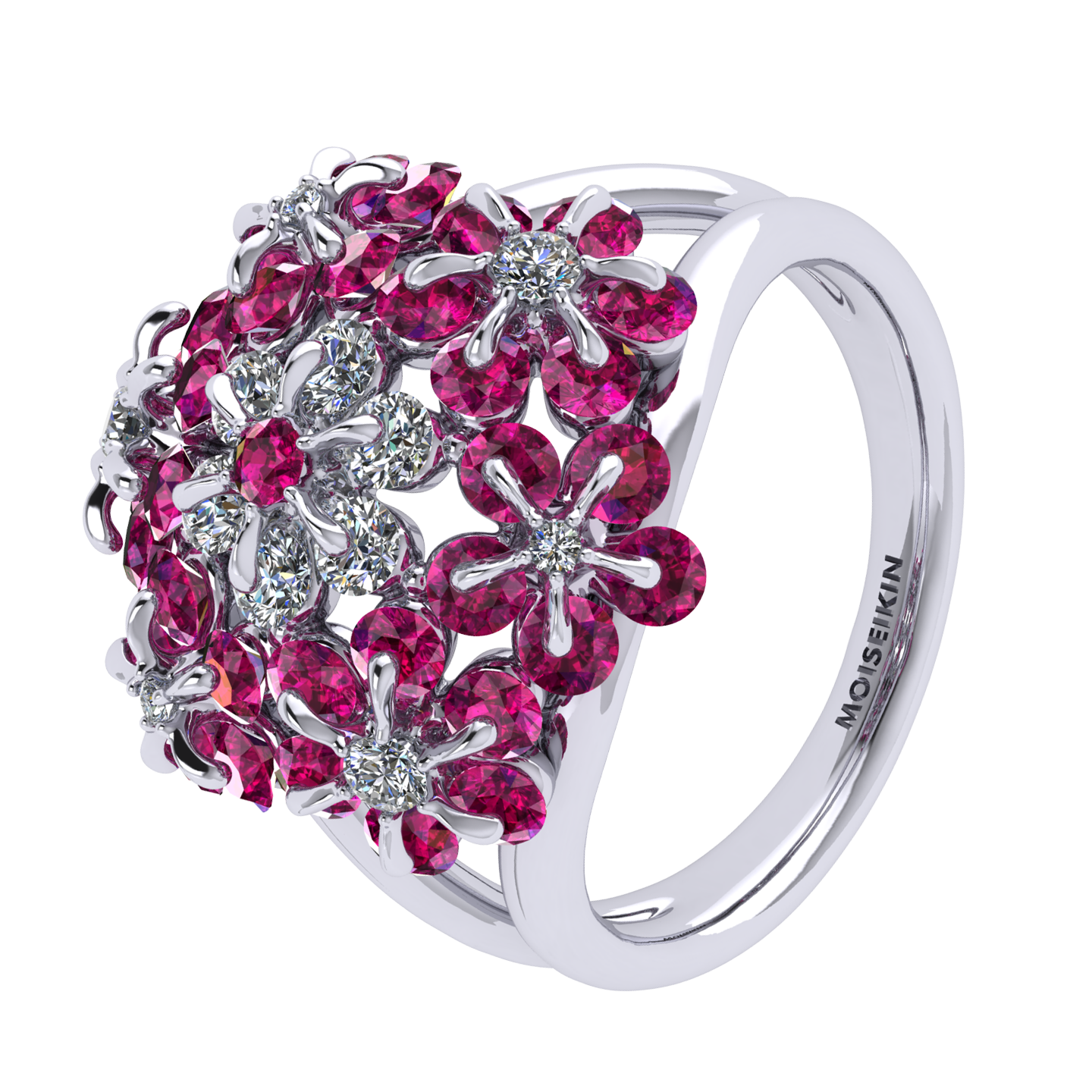 Ring «Tsvetodelika», collection Waltz of Flowers, MOISEIKIN, Diamond, Ruby, 18K White Gold