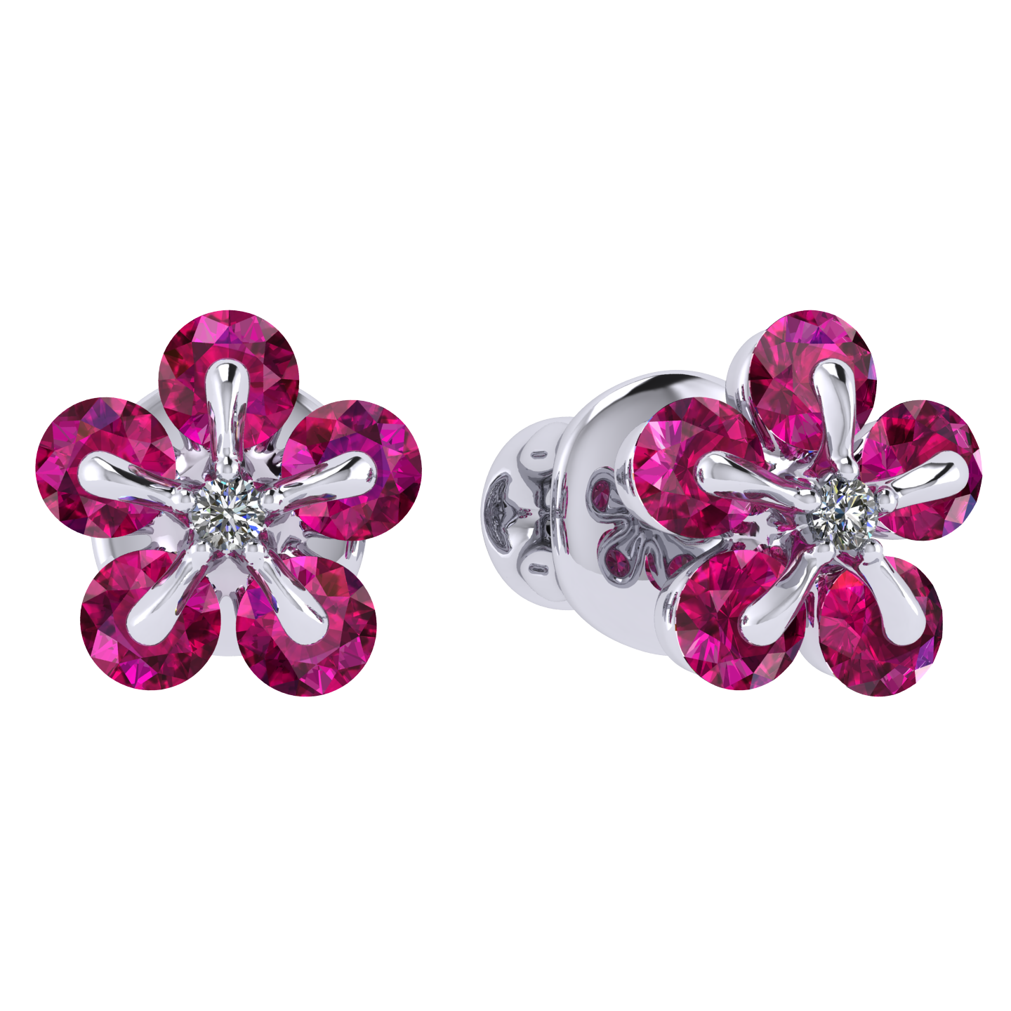 Earrings «Tsvetodelika », collection Waltz of Flowers, MOISEIKIN, Diamond, Ruby, 18K White Gold | Photo 1