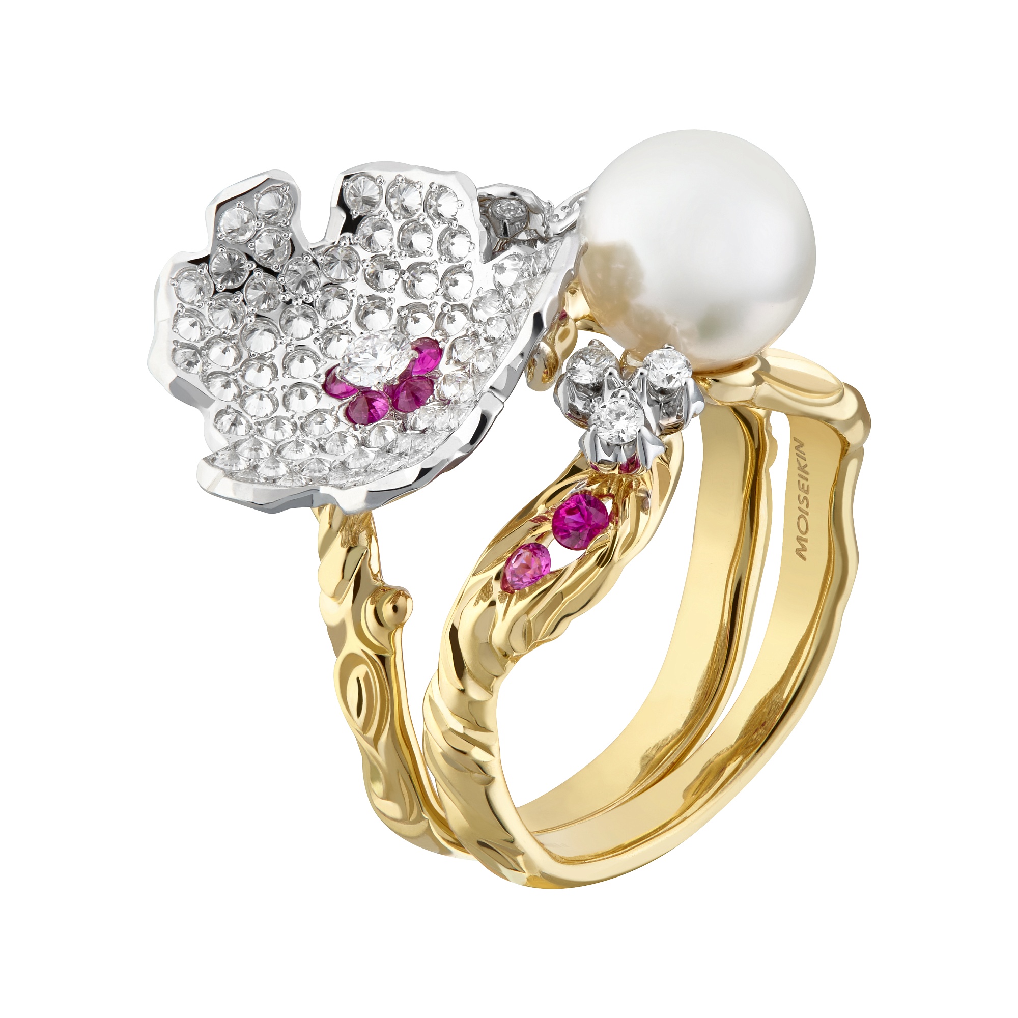 Ring collection Almond blossom, MOISEIKIN, Diamond, Ruby, Pearl, 18K Gold | Photo 3