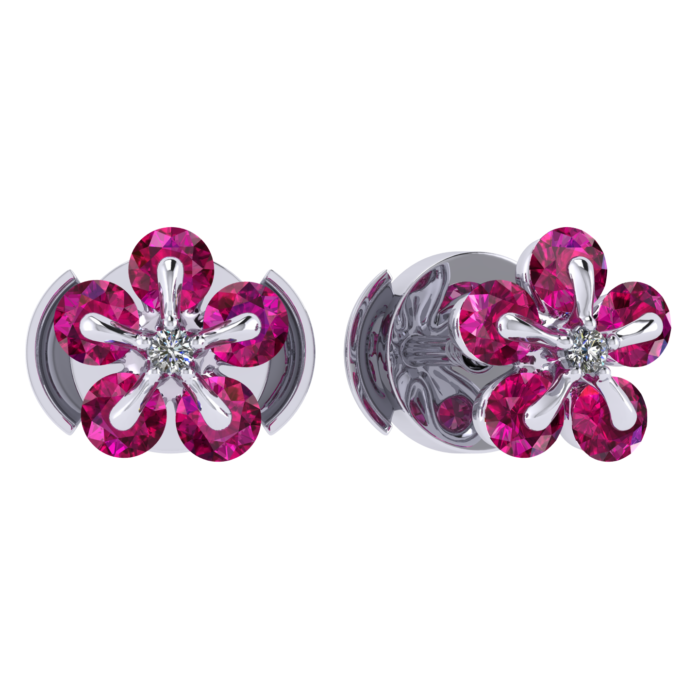 Earrings «Tsvetodelika », collection Waltz of Flowers, MOISEIKIN, Diamond, Ruby, 18K White Gold | Photo 1