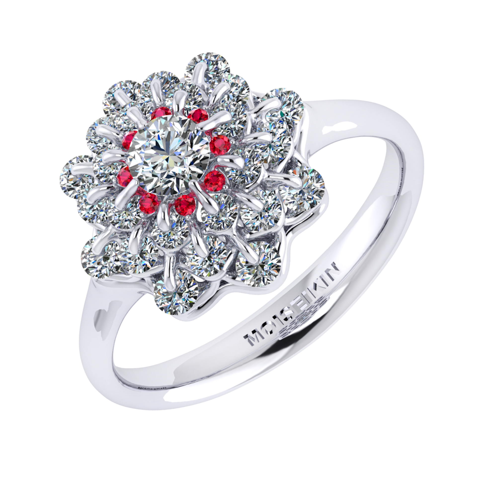 Ring collection Waltz of Snowflakes, MOISEIKIN, Diamond, Rubys, 18K White Gold | Photo 1