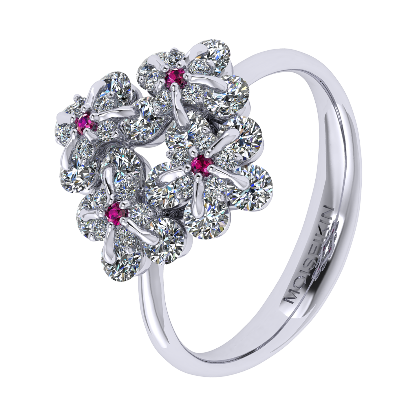 Ring «Forget-me-nots», collection Waltz of Flowers, MOISEIKIN, Diamond, Ruby, 18K White Gold | Photo 1