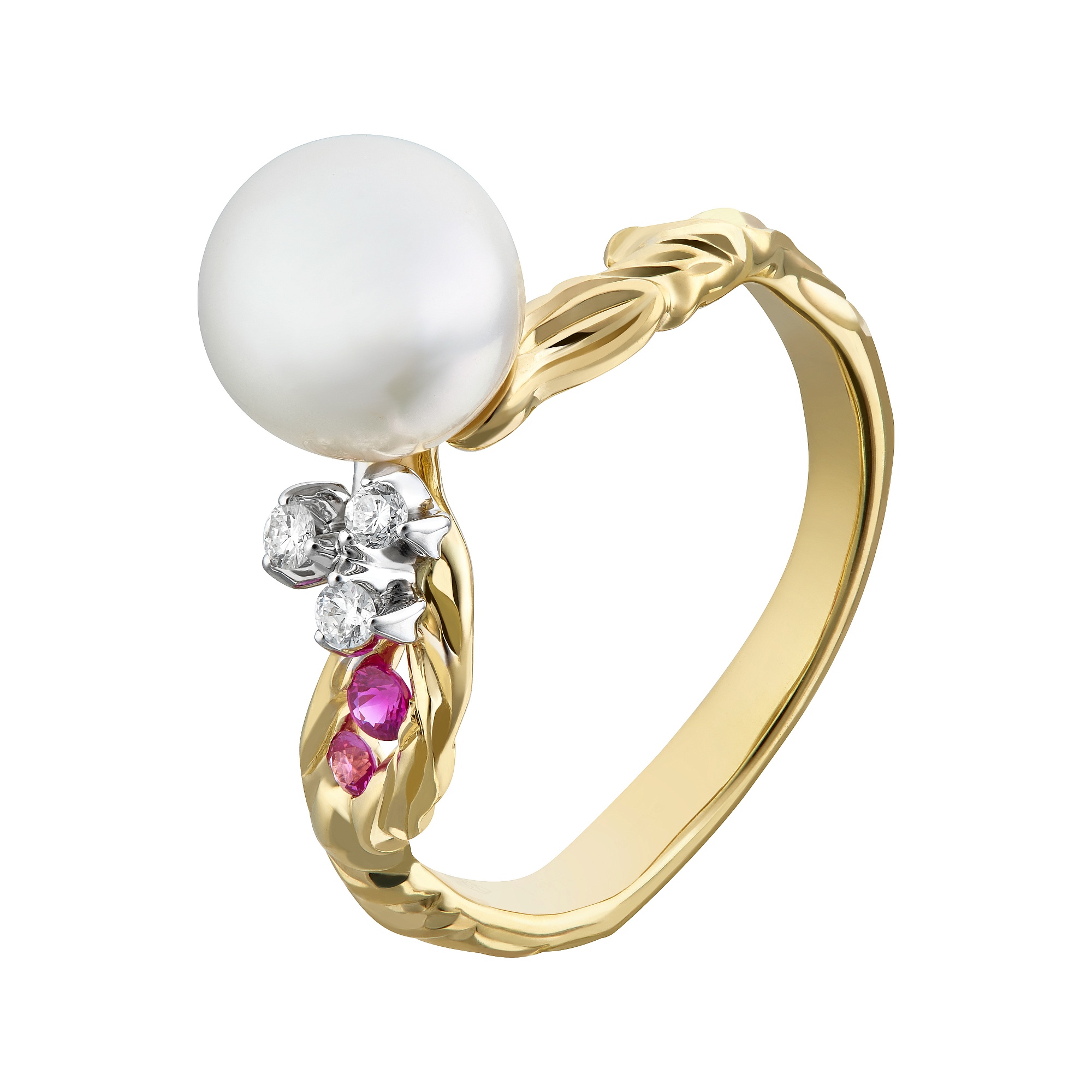 Ring collection Almond blossom, MOISEIKIN, Diamond, Ruby, Pearl, 18K Gold | Photo 1