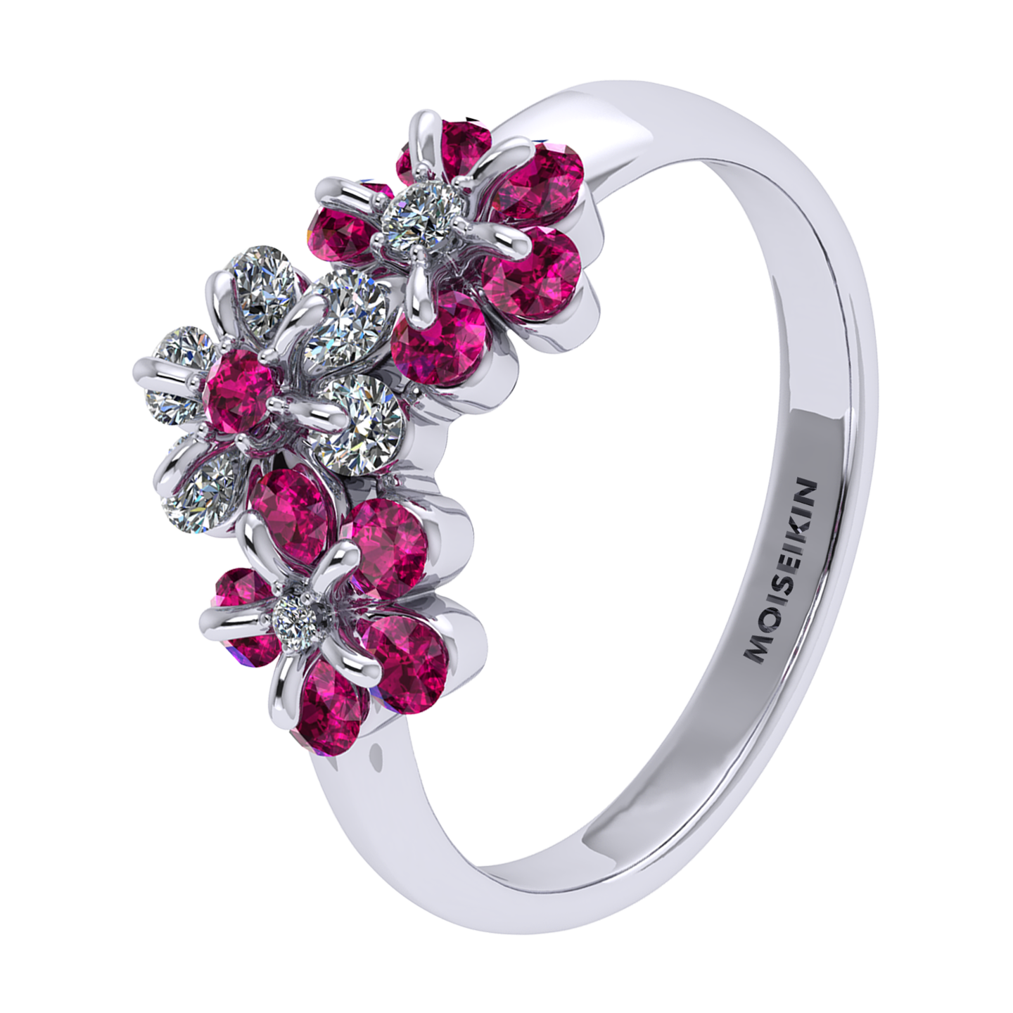 Ring «Tsvetodelika», collection Waltz of Flowers, MOISEIKIN, Diamond, Ruby, 18K White Gold | Photo 1