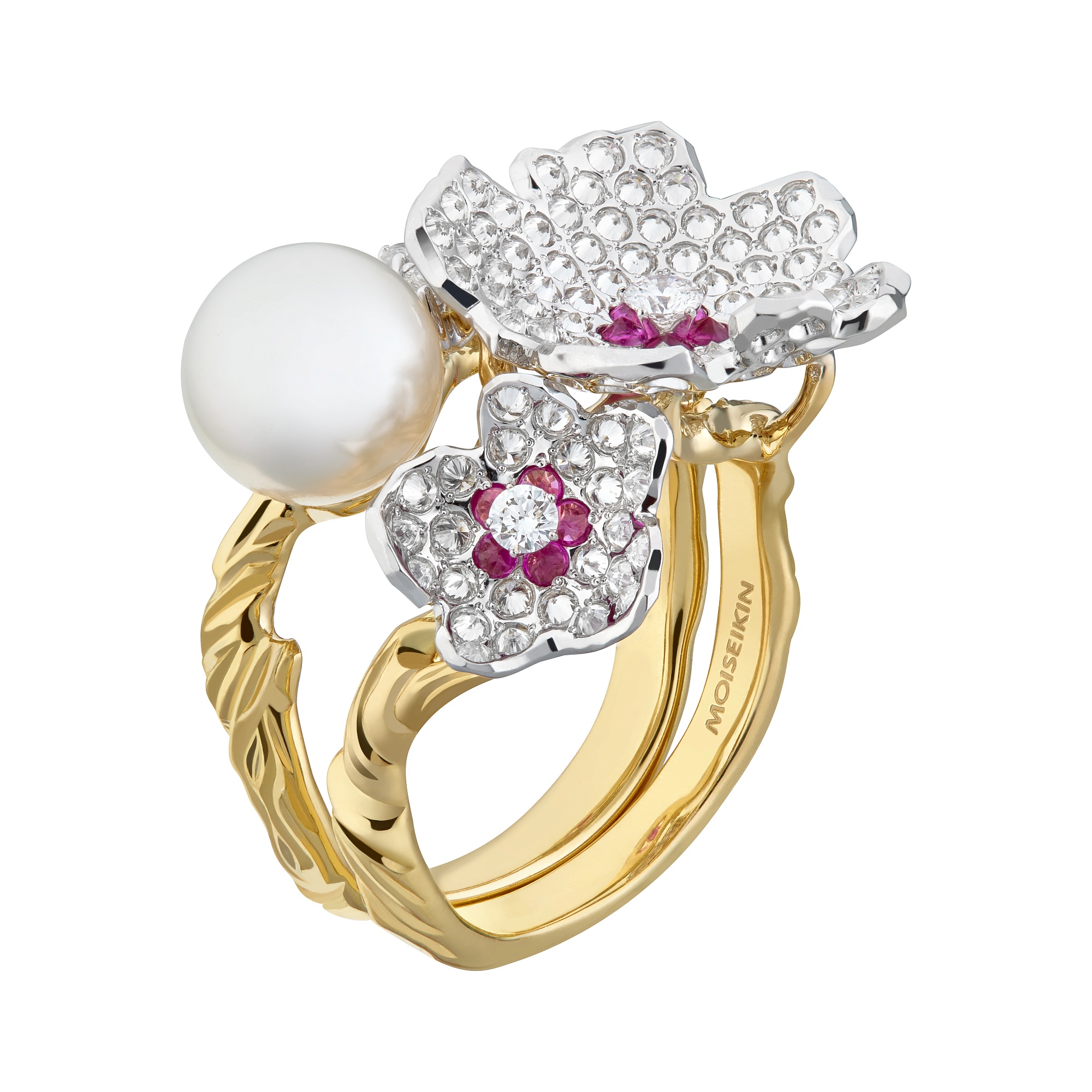 Ring collection Almond blossom, MOISEIKIN, Diamond, Ruby, Pearl, 18K Gold | Photo 4