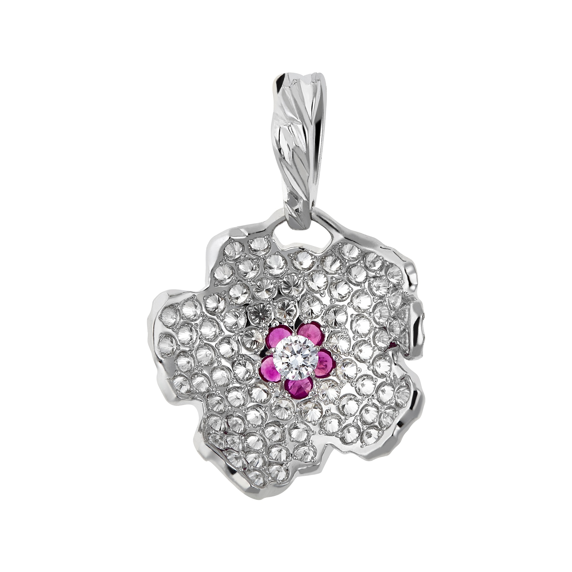 Pendant collection Almond blossom, MOISEIKIN, Diamonds, Rubys, 18K White Gold