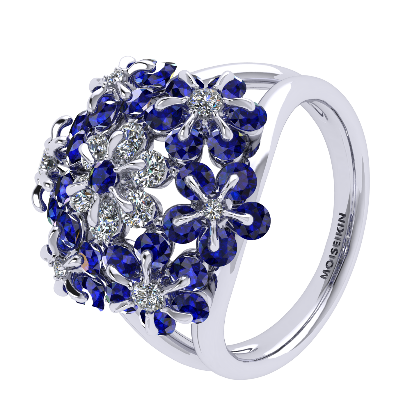 Ring «Tsvetodelika», collection Waltz of Flowers, MOISEIKIN, Diamond, Sapphire, 18K White Gold