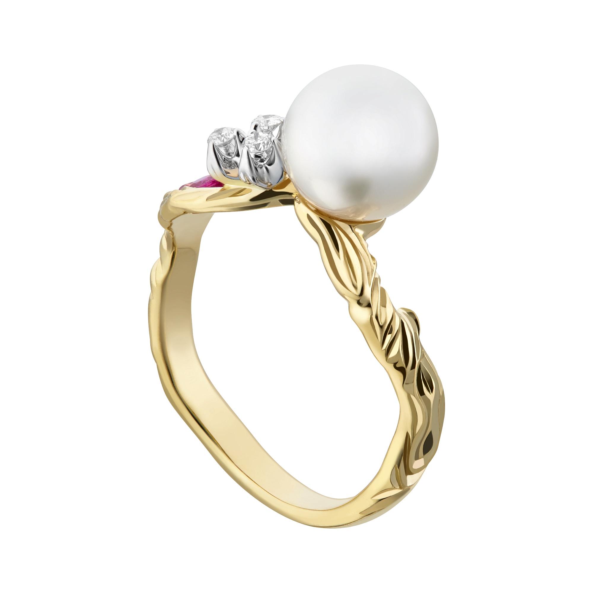 Ring collection Almond blossom, MOISEIKIN, Diamond, Ruby, Pearl, 18K Gold | Photo 2