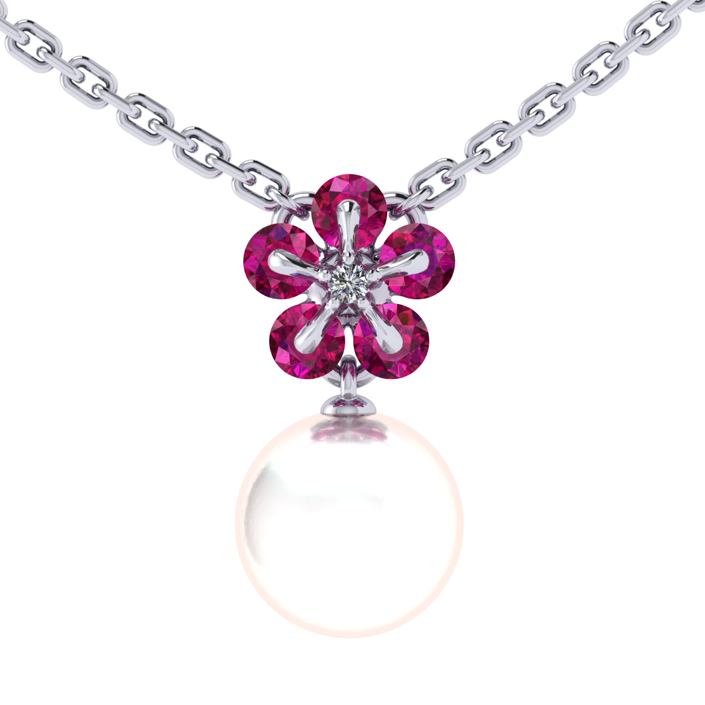 Necklace «Tsvetodelika», collection Waltz of Flowers, MOISEIKIN, Diamond, Ruby, Pearl, 18K White | Photo 1