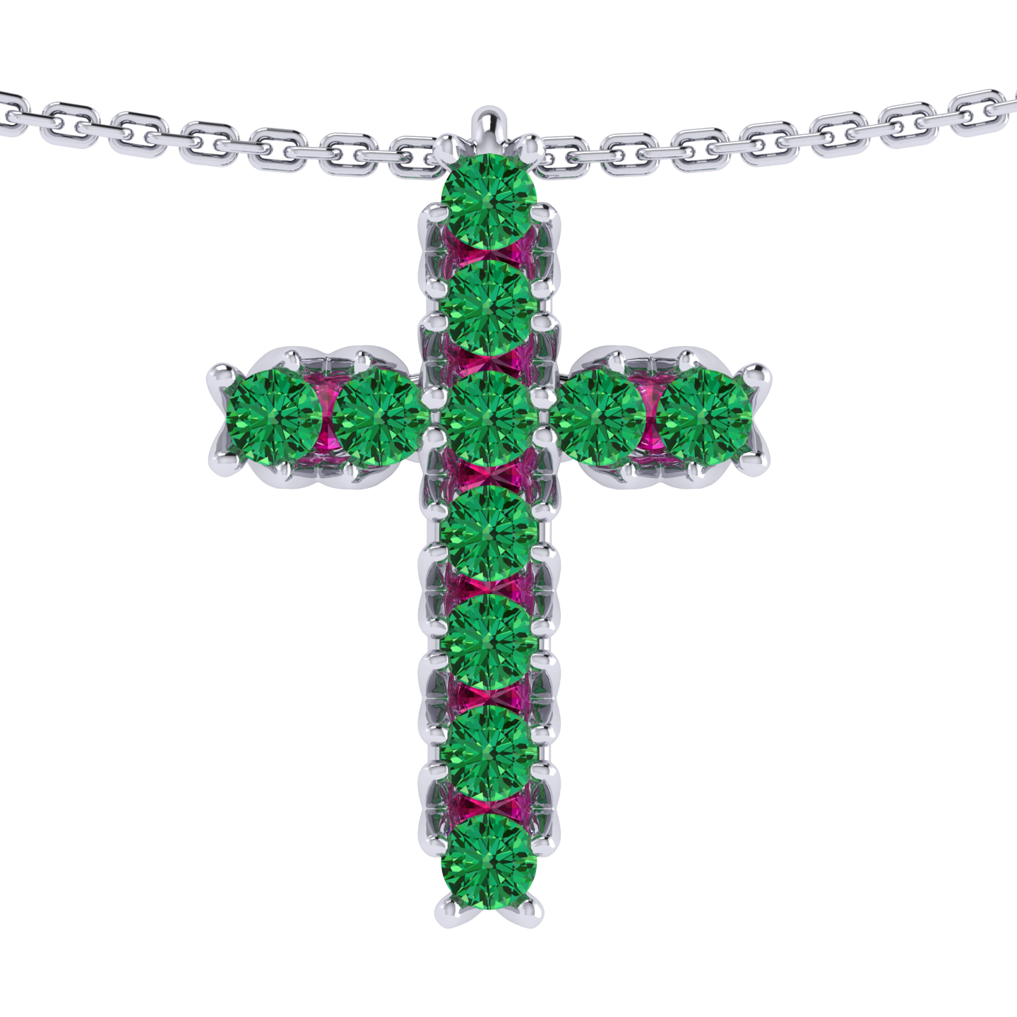 Necklace «Cross», collection The Very, MOISEIKIN, Tsavorite, Ruby, 18K White Gold