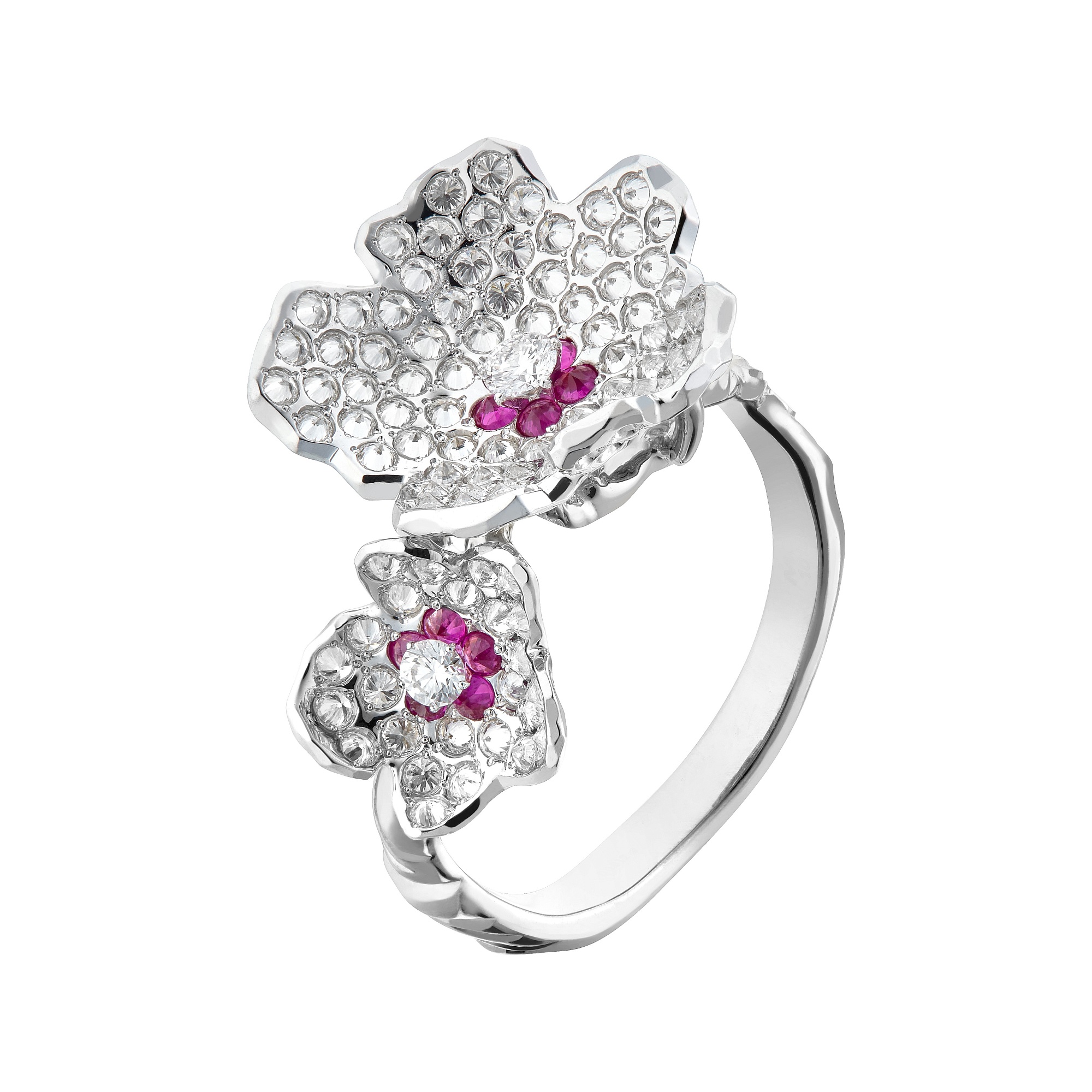 Ring collection Almond blossom, MOISEIKIN, Diamonds, Rubys, 18K Gold