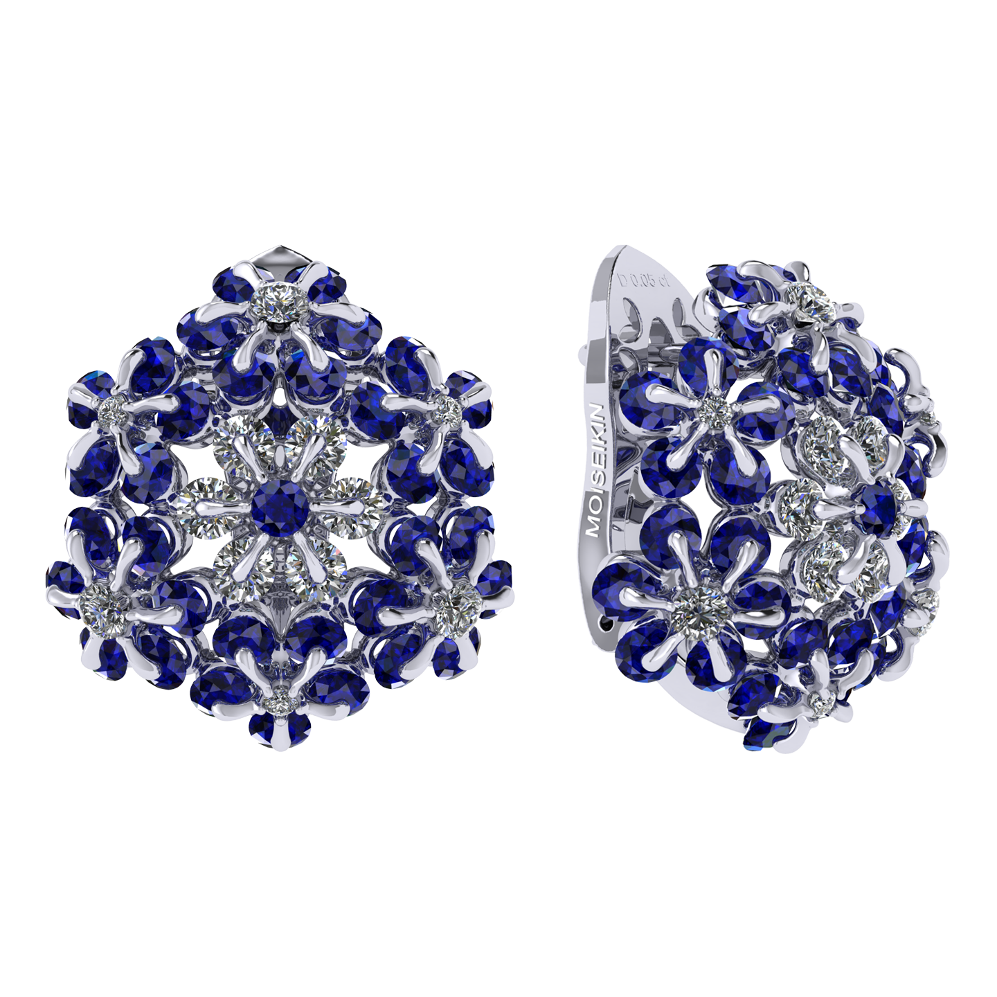 Earrings «Tsvetodelika», collection Waltz of Flowers, MOISEIKIN, Diamond, Sapphire, 18K White Gold | Photo 1