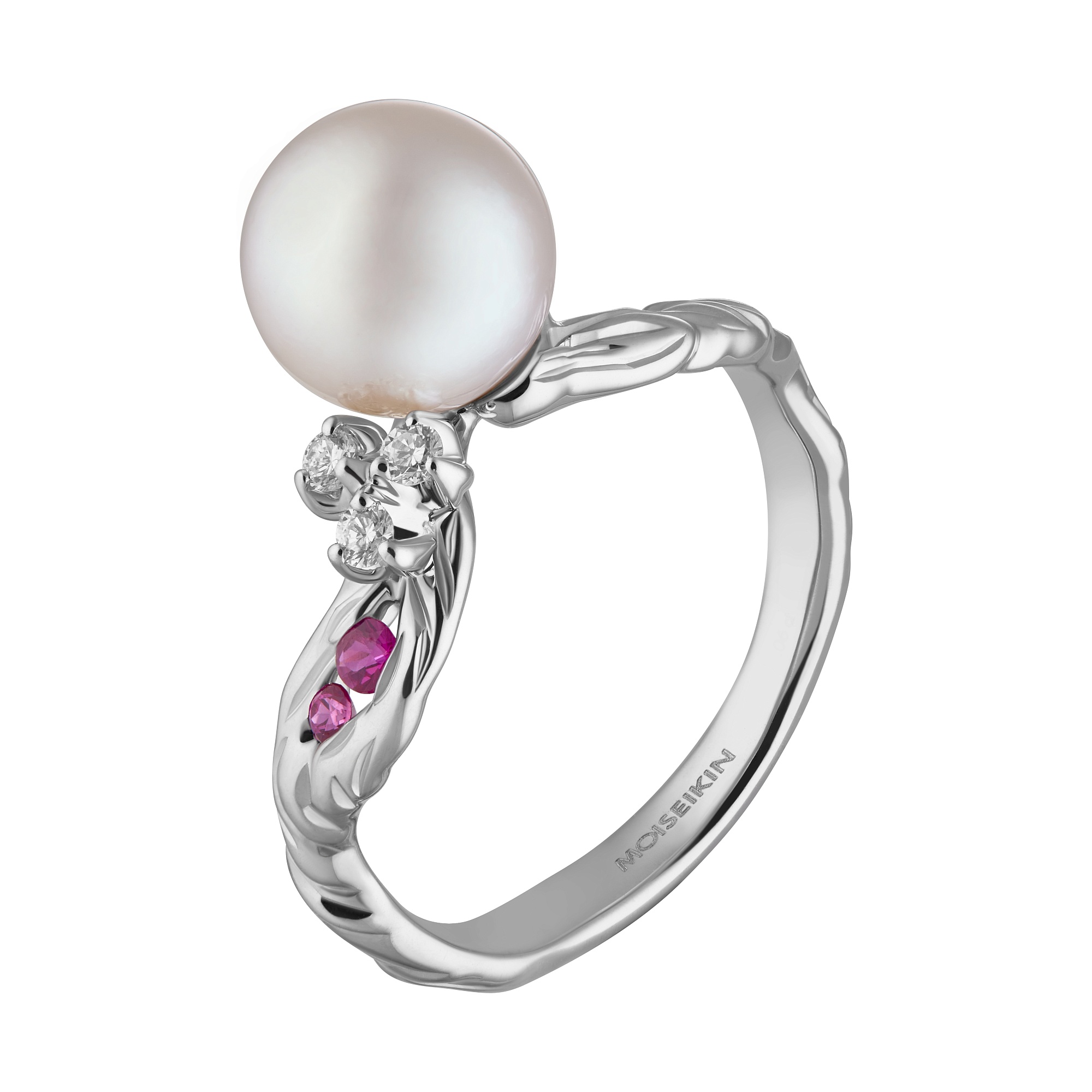 Ring collection Almond blossom, MOISEIKIN, Diamond, Ruby, Pearl, 18K White Gold | Photo 1