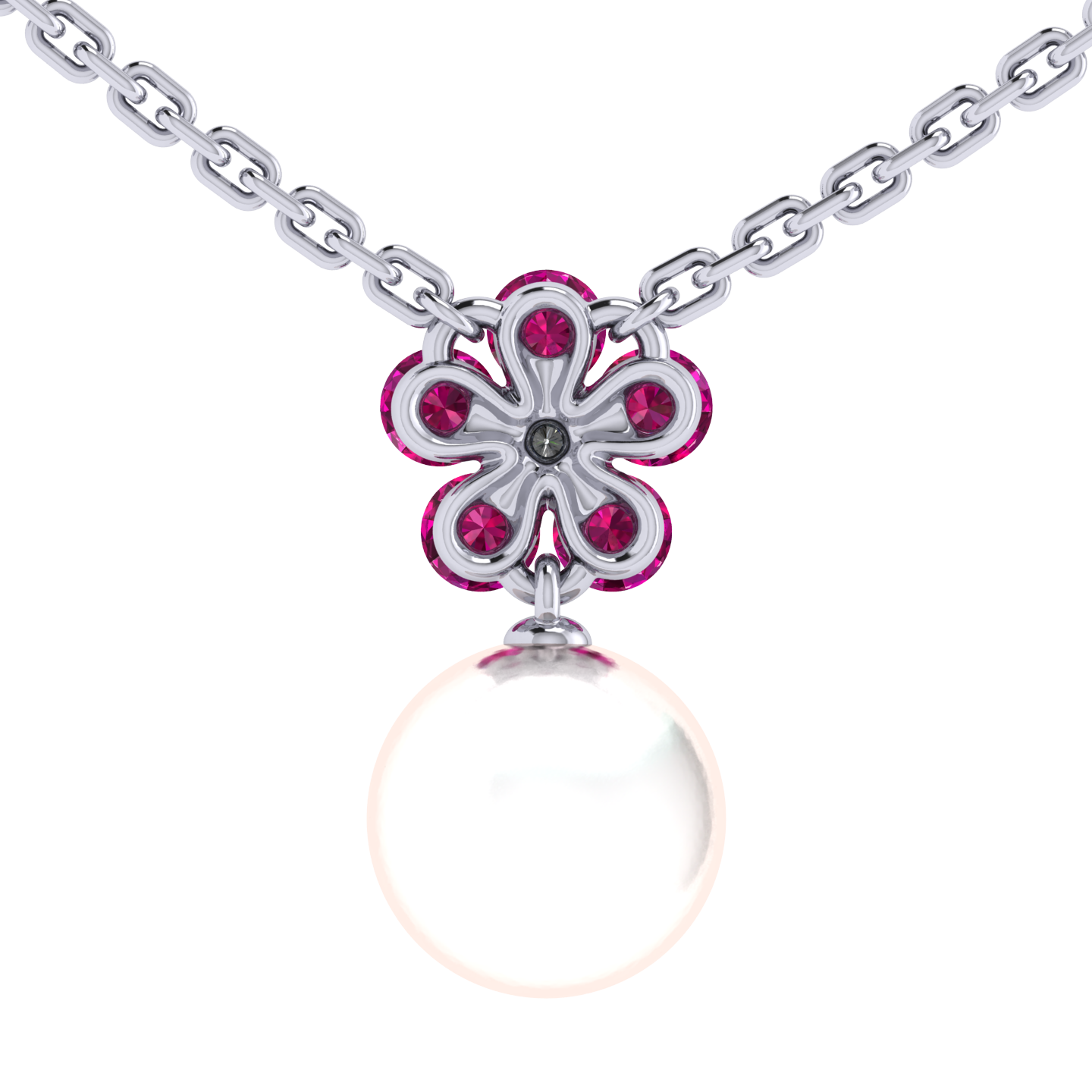 Necklace «Tsvetodelika», collection Waltz of Flowers, MOISEIKIN, Diamond, Ruby, Pearl, 18K White | Photo 4