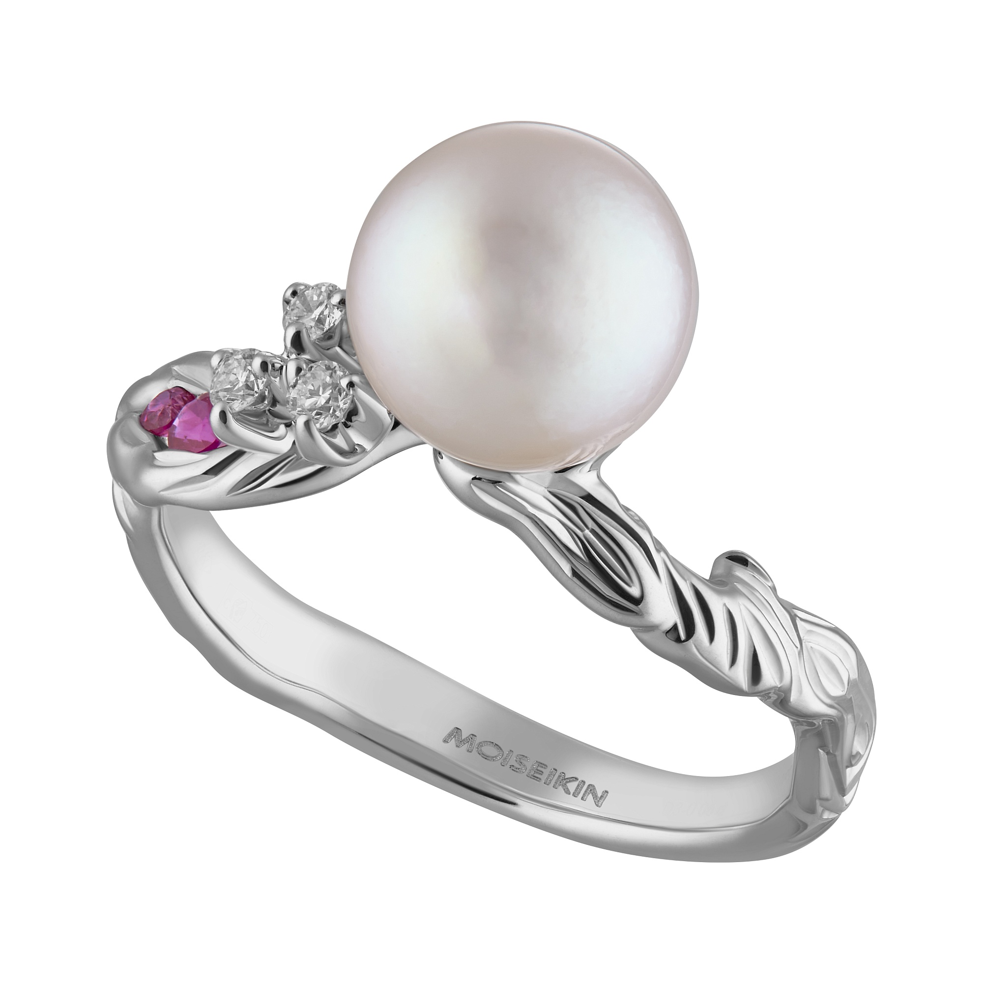 Ring collection Almond blossom, MOISEIKIN, Diamond, Ruby, Pearl, 18K White Gold | Photo 3