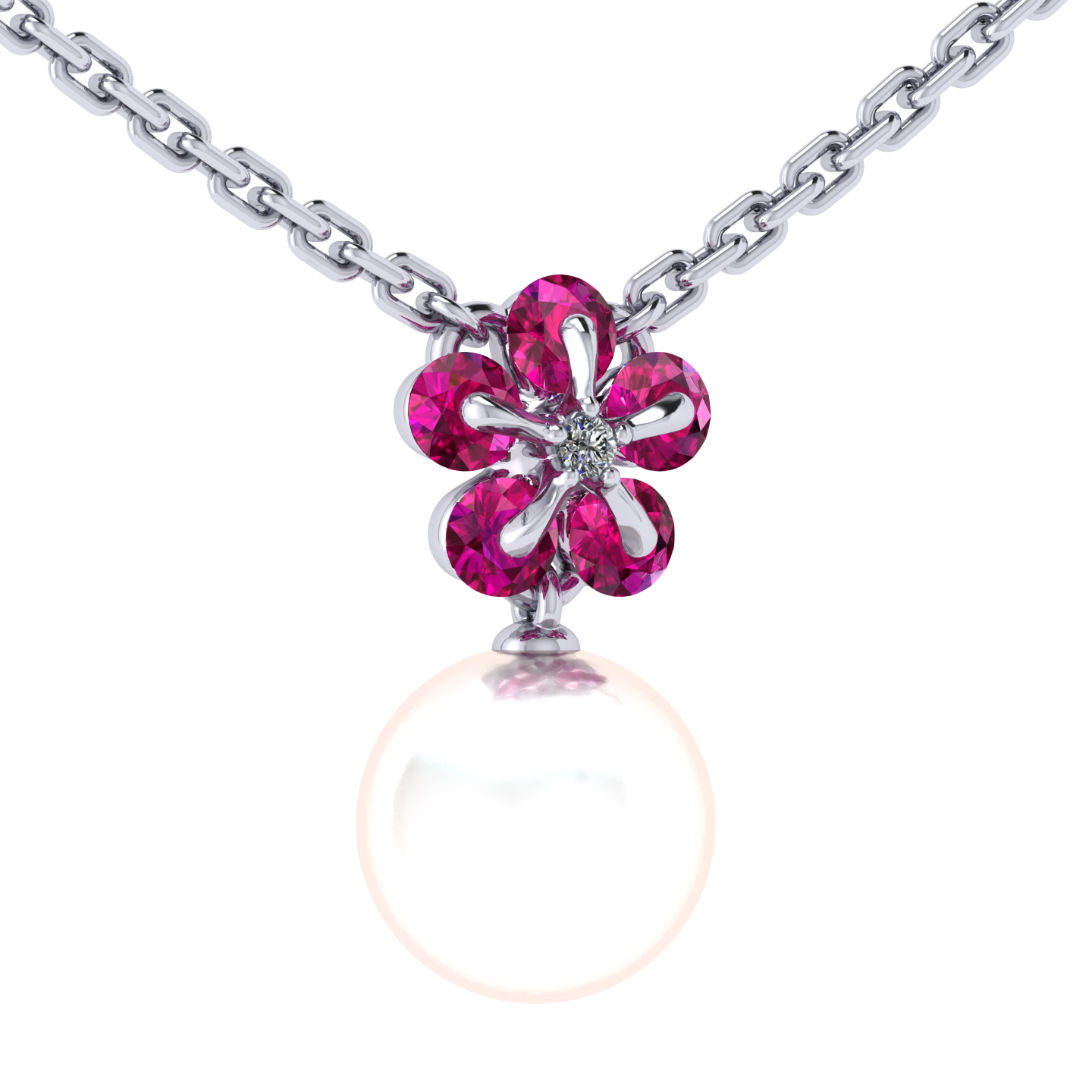 Necklace «Tsvetodelika», collection Waltz of Flowers, MOISEIKIN, Diamond, Ruby, Pearl, 18K White | Photo 2