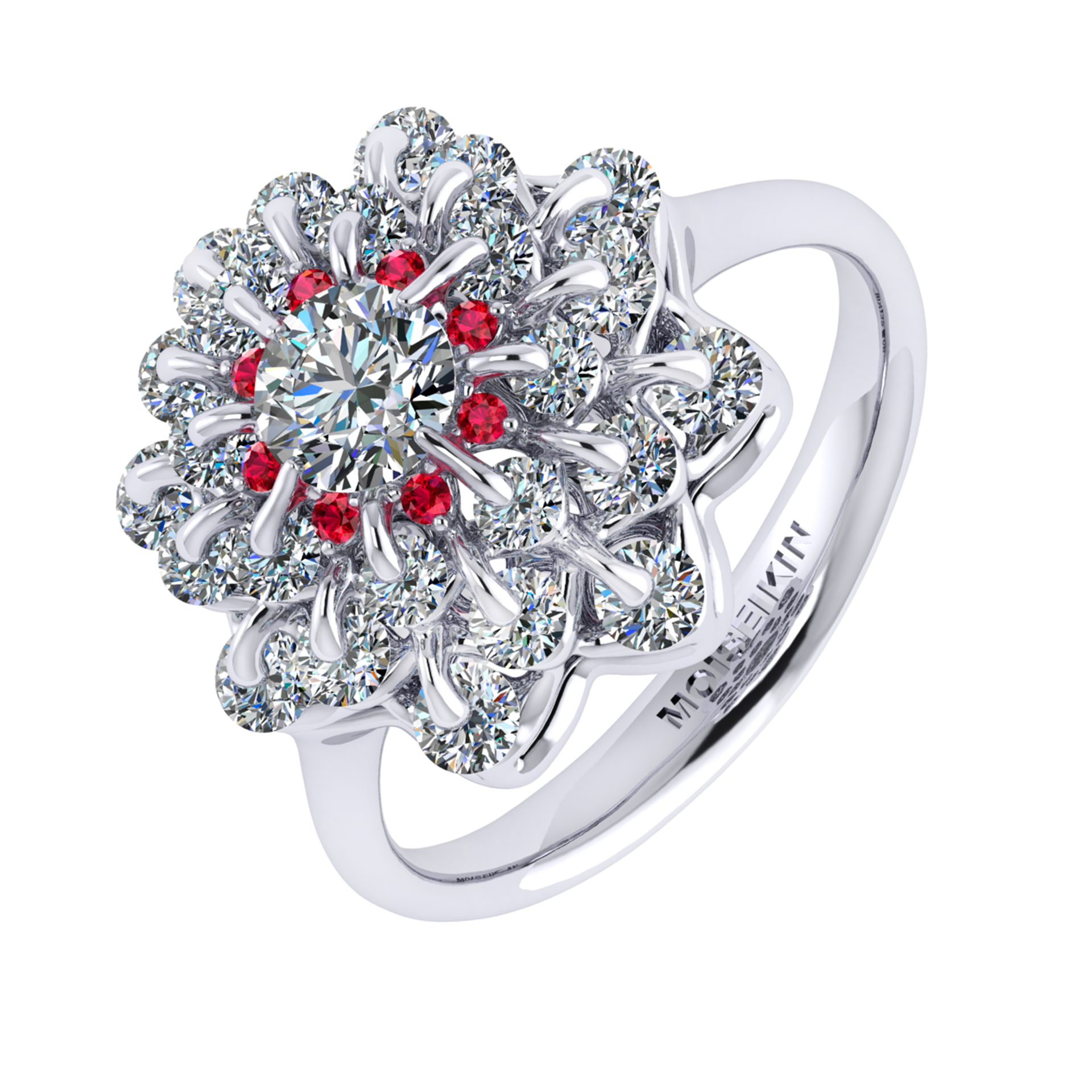 Ring collection Waltz of Snowflakes, MOISEIKIN, Diamond, Rubys, 18K White Gold | Photo 1