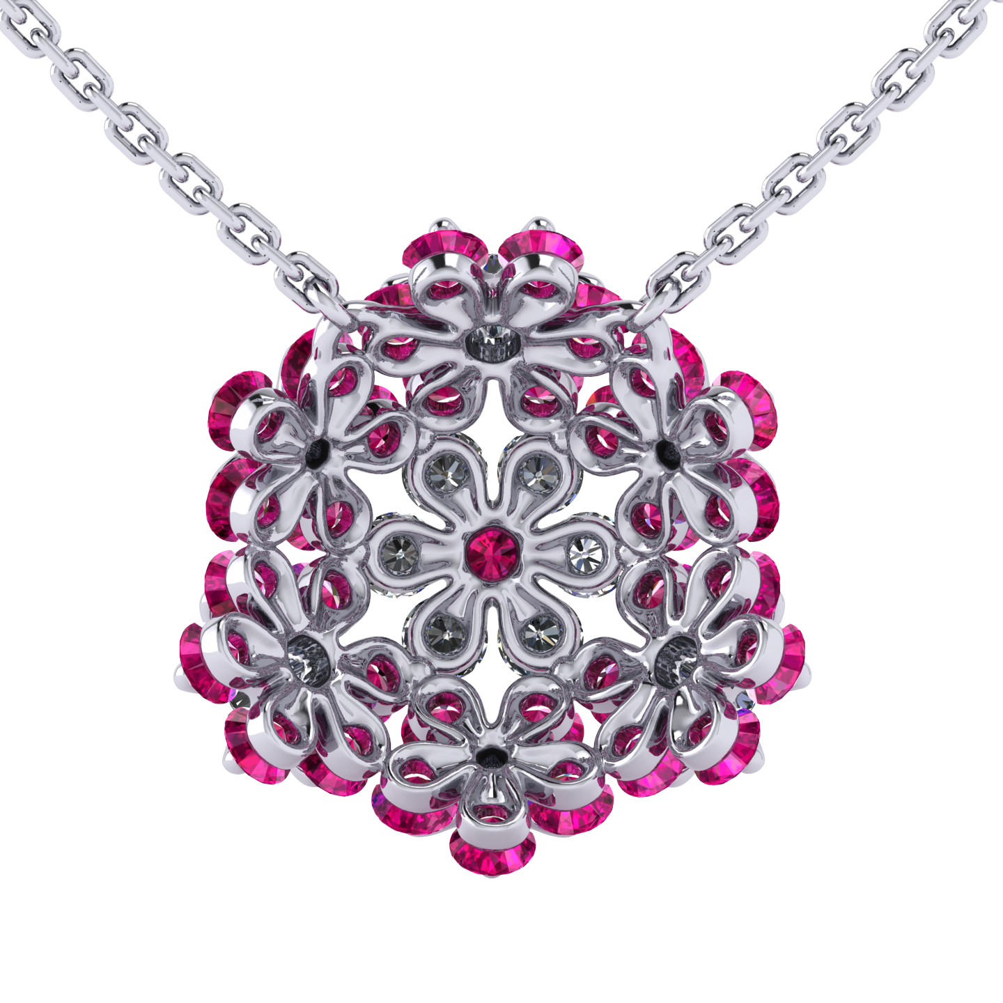 Necklace «Tsvetodelika», collection Waltz of Flowers, MOISEIKIN, Diamond, Ruby, 18K White Gold | Photo 3