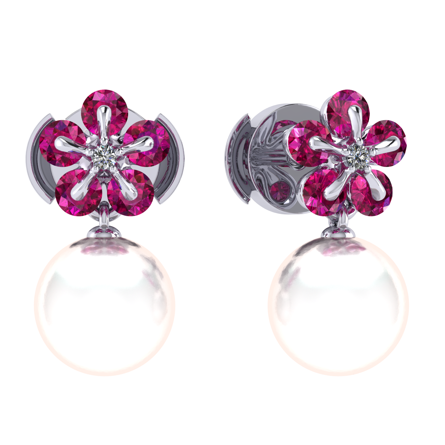 Earrings «Tsvetodelika», collection Waltz of Flowers, MOISEIKIN, Diamond, Ruby, Pearl, 18K White | Photo 1