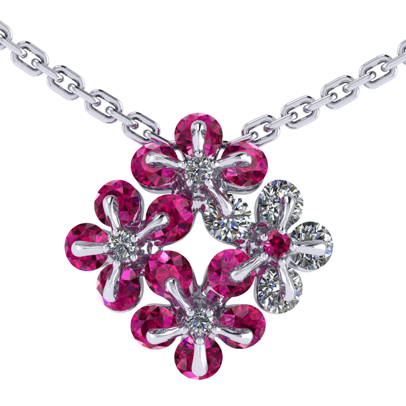 Necklace 'Tsvetodelika', collection Waltz of Flowers, Diamond, Ruby, 18K White Gold | Photo 1