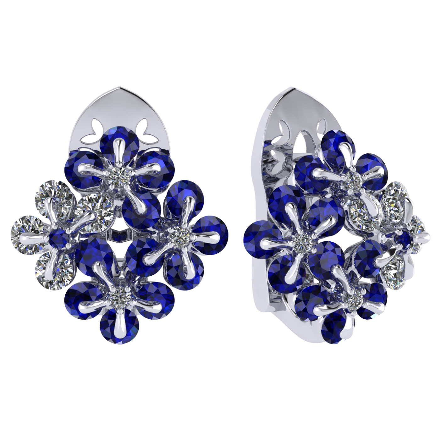 Earrings 'Tsvetodelika', collection Waltz of Flowers, Diamond, Sapphire, 18K White Gold | Photo 1