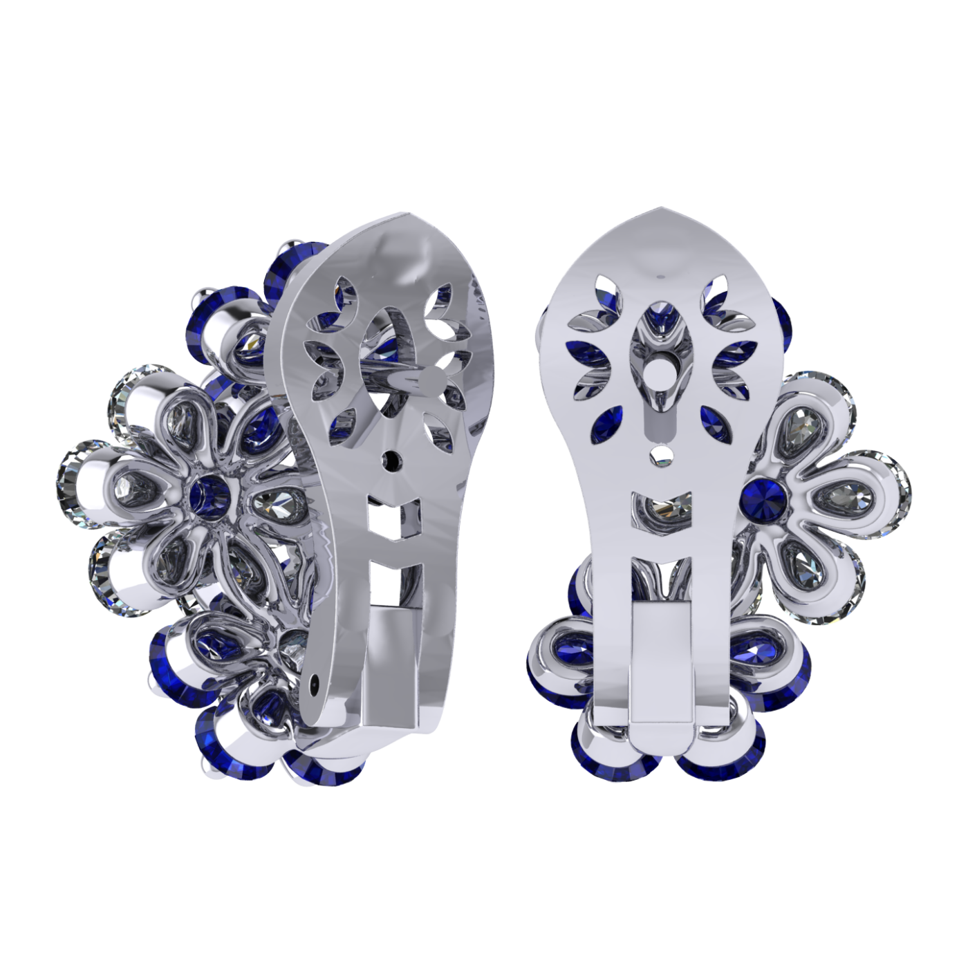 Earrings 'Tsvetodelika', collection Waltz of Flowers, Diamond, Sapphire, 18K White Gold | Photo 2