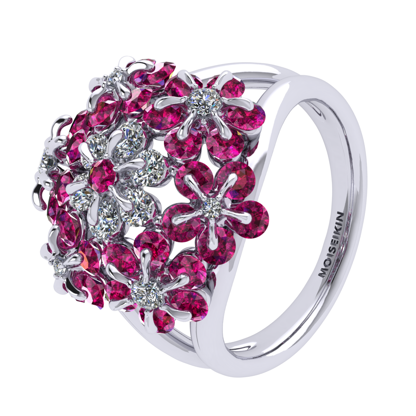 Ring «Tsvetodelika», collection Waltz of Flowers, MOISEIKIN, Diamond, Ruby, 18K White Gold