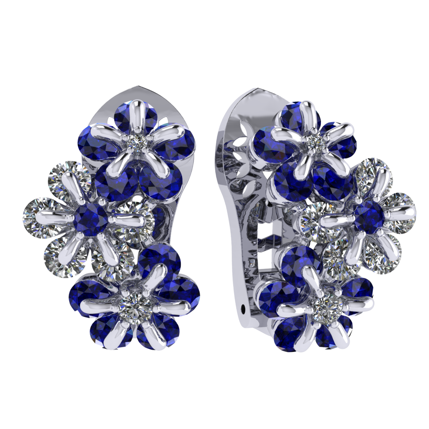 Earrings 'Tsvetodelika', collection Waltz of Flowers, Diamond, Sapphire, 18K White Gold | Photo 1