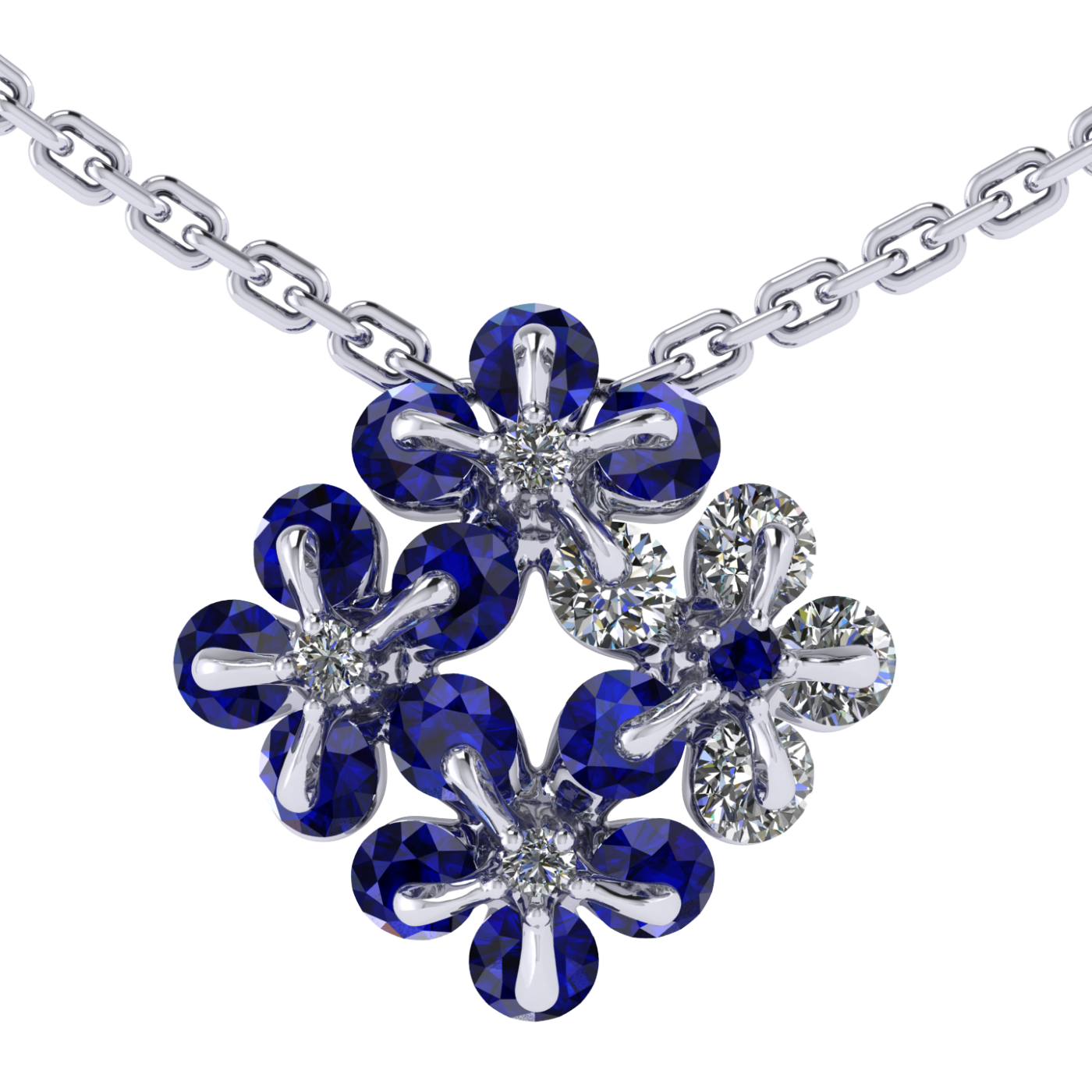 Necklace 'Tsvetodelika', collection Waltz of Flowers, Diamond, Sapphire, Ruby, 18K White Gold | Photo 1