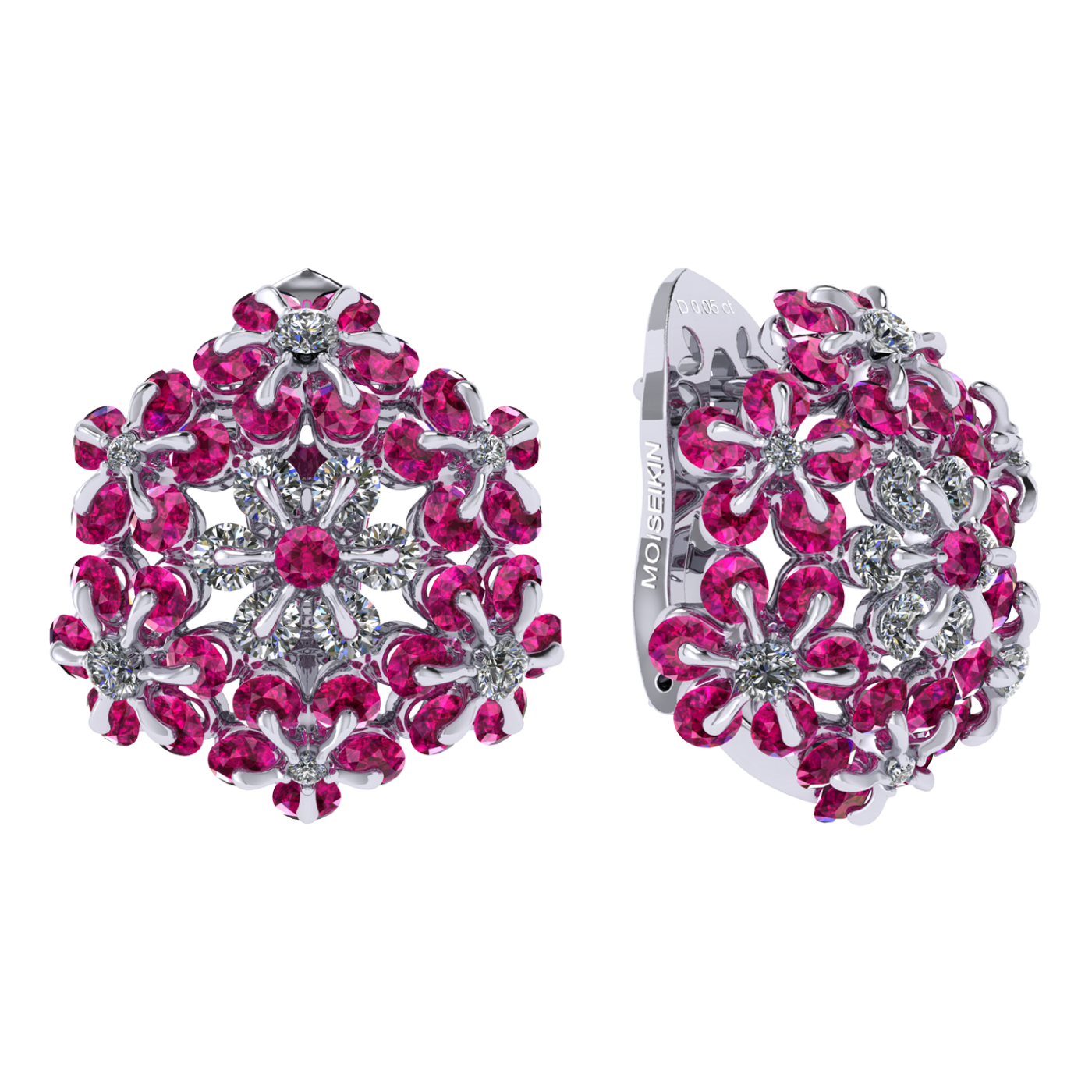 Earrings «Tsvetodelika», collection Waltz of Flowers, MOISEIKIN, Diamond, Ruby, 18K White Gold | Photo 1