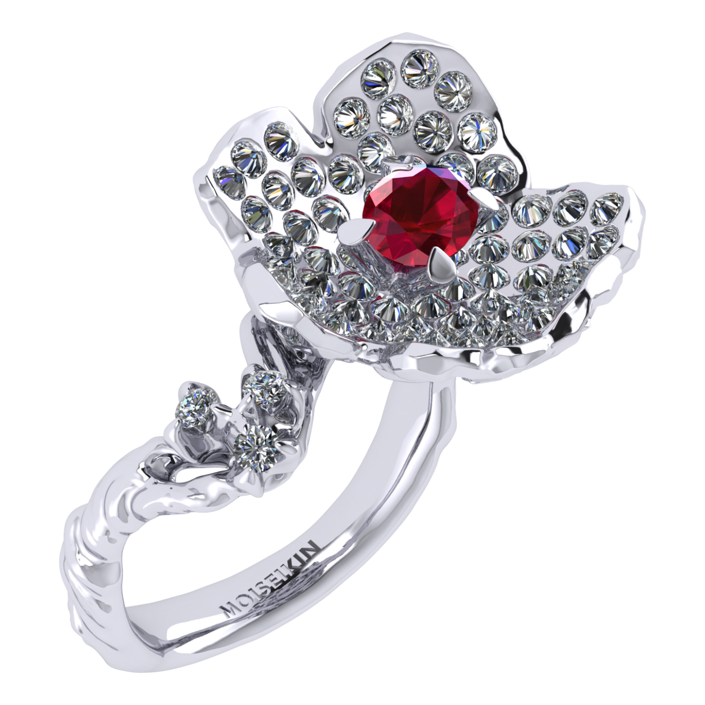 Ring collection Almond Blossom, Ruby, Diamond, 18K White Gold | Photo 1