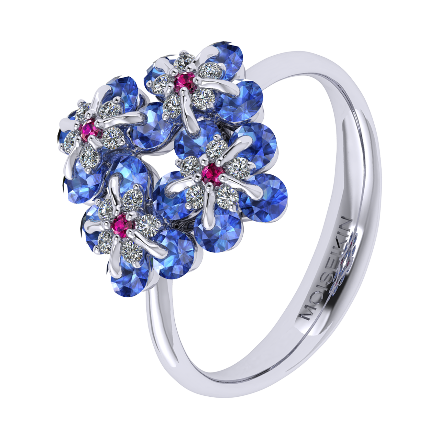 Ring collection Forget-me-nots, MOISEIKIN, Diamond, Sapphire, Ruby, 18K White Gold | Photo 1