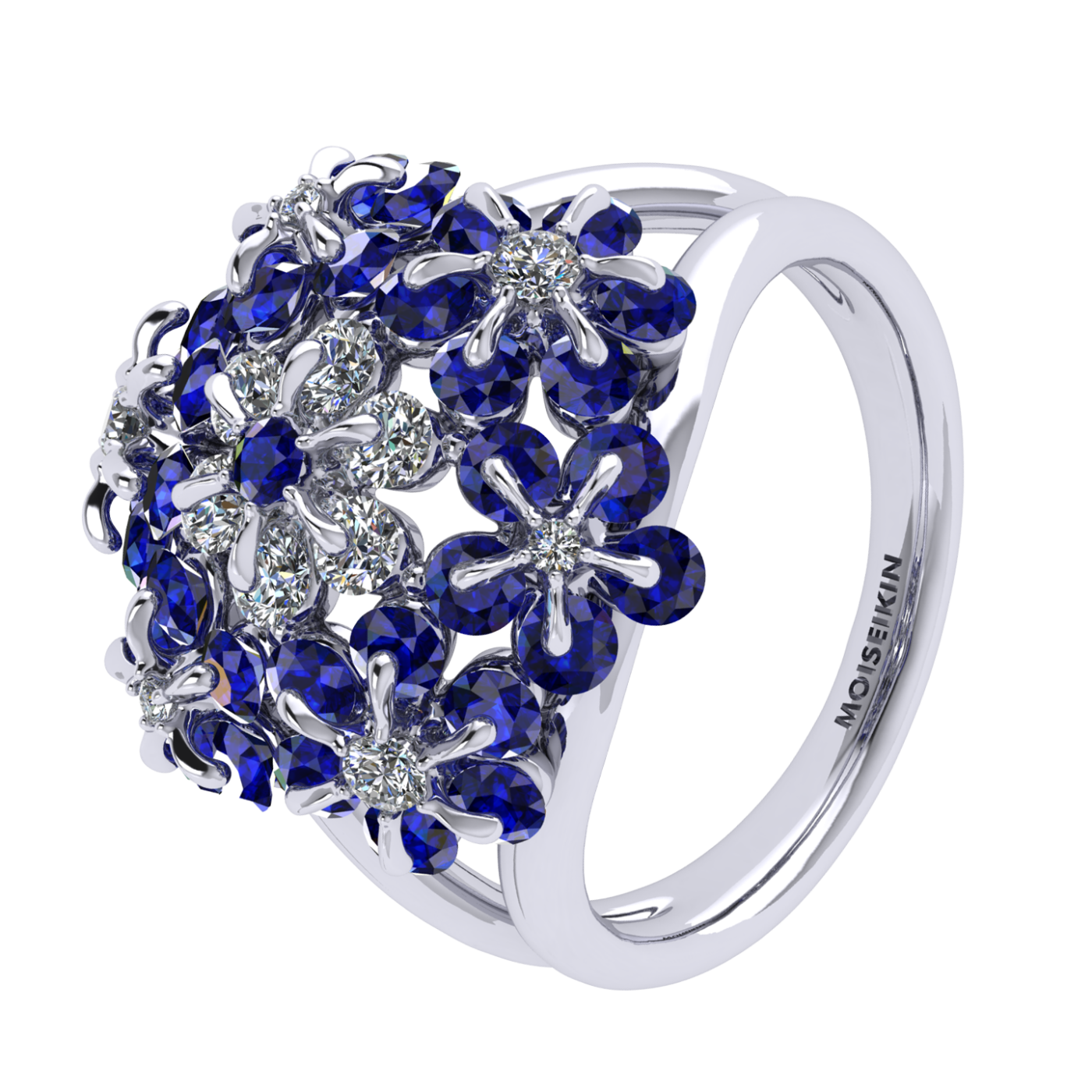 Ring «Tsvetodelika», collection Waltz of Flowers, MOISEIKIN, Diamond, Sapphire, 18K White Gold