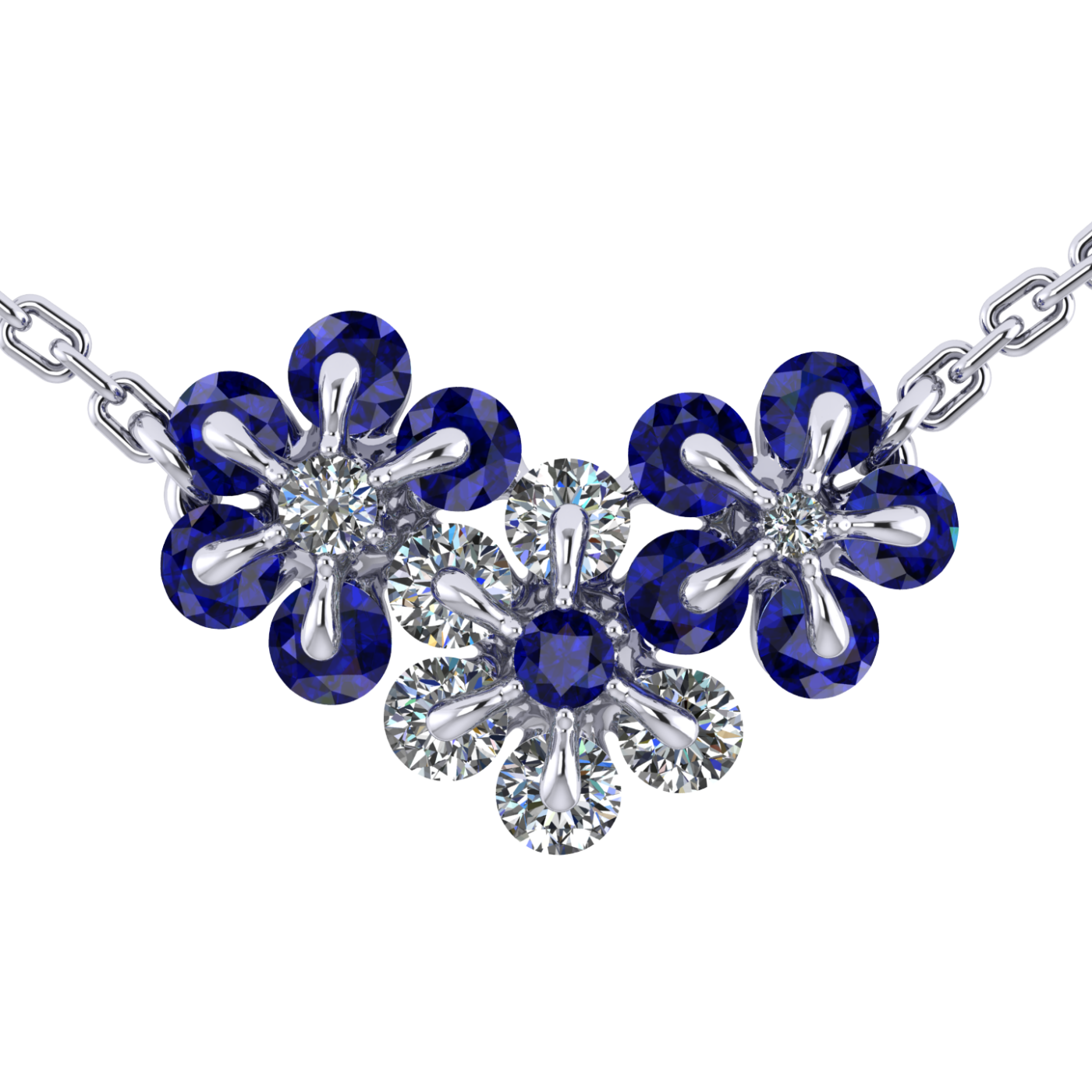 Necklace 'Tsvetodelika', collection Waltz of Flowers, Diamond, Sapphire, Ruby, 18K White Gold | Photo 1
