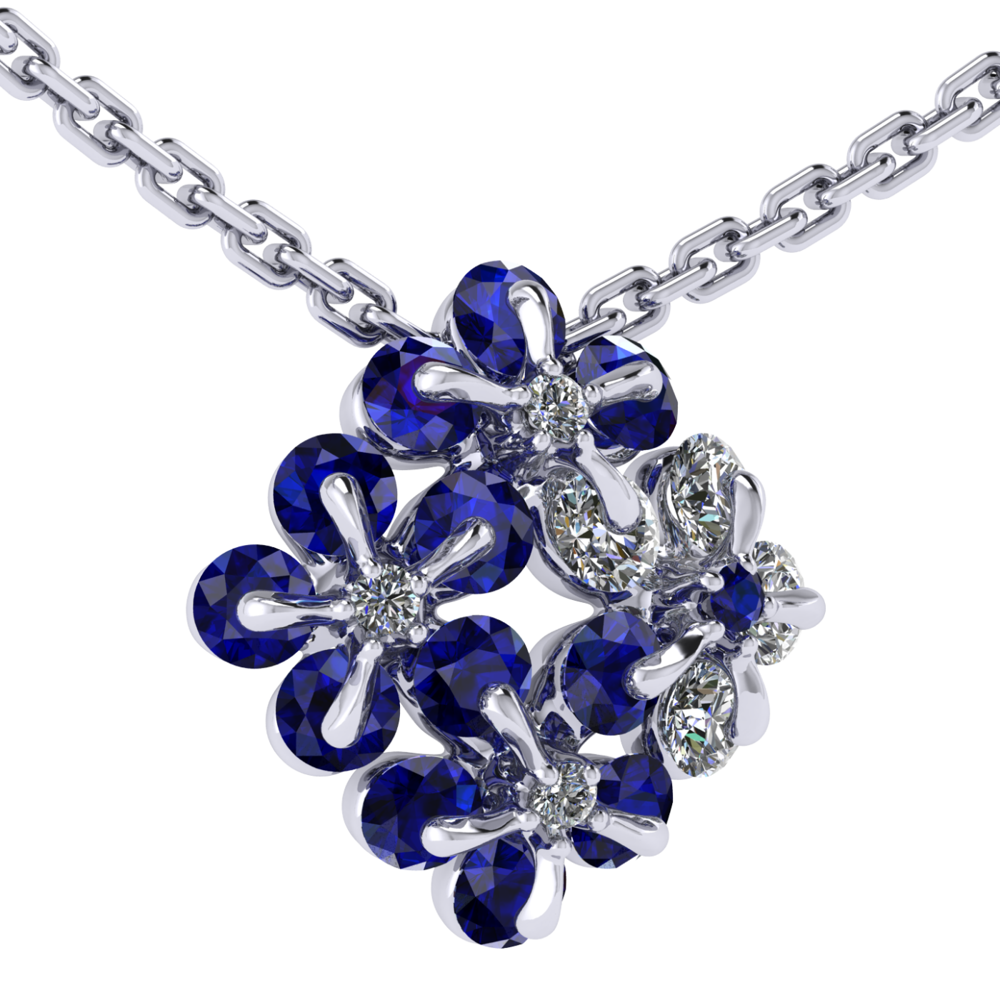 Necklace 'Tsvetodelika', collection Waltz of Flowers, Diamond, Sapphire, Ruby, 18K White Gold | Photo 2