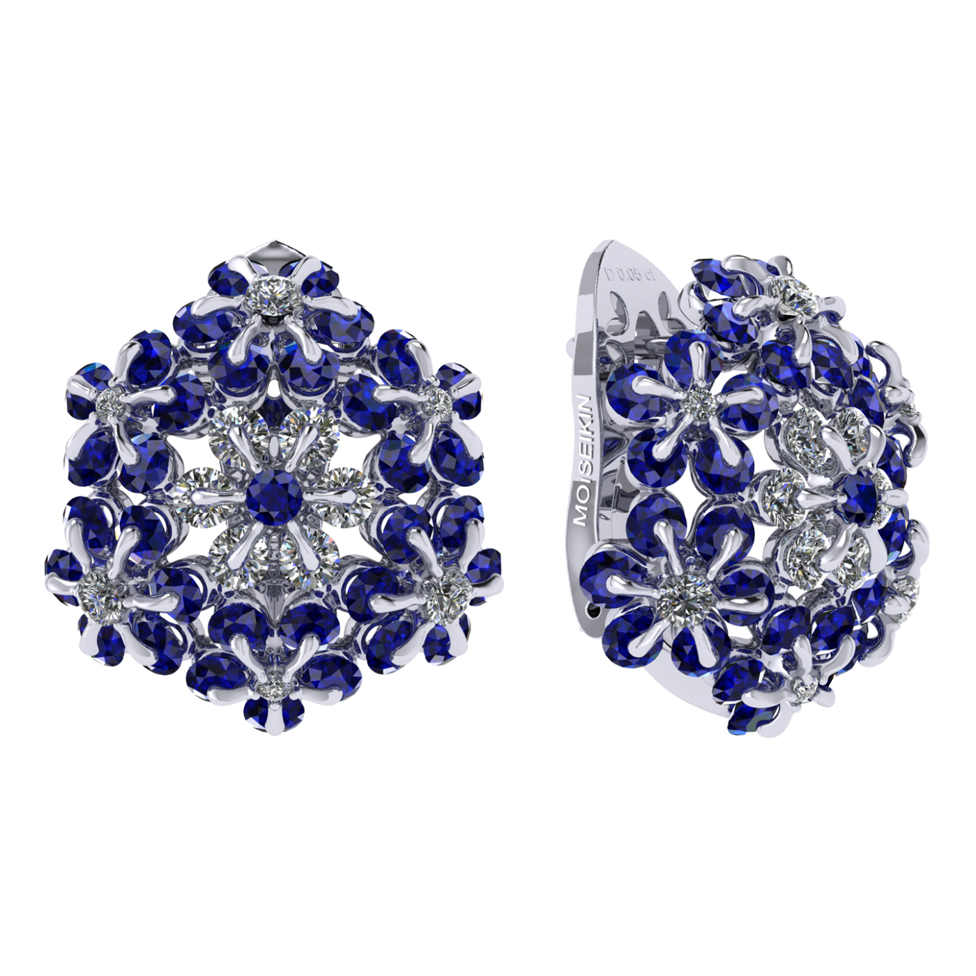 Earrings «Tsvetodelika», collection Waltz of Flowers, MOISEIKIN, Diamond, Sapphire, 18K White Gold | Photo 1