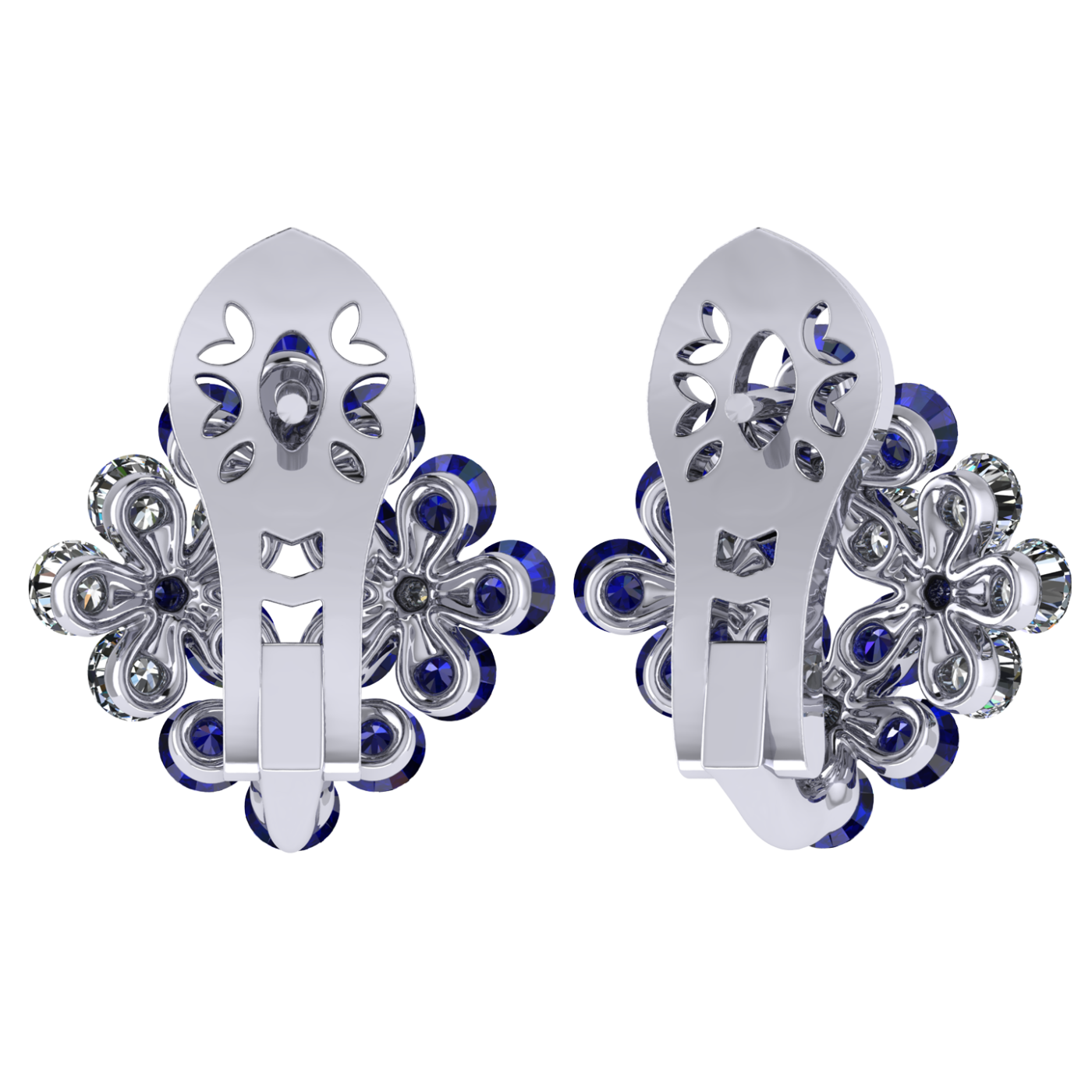 Earrings 'Tsvetodelika', collection Waltz of Flowers, Diamond, Sapphire, 18K White Gold | Photo 2